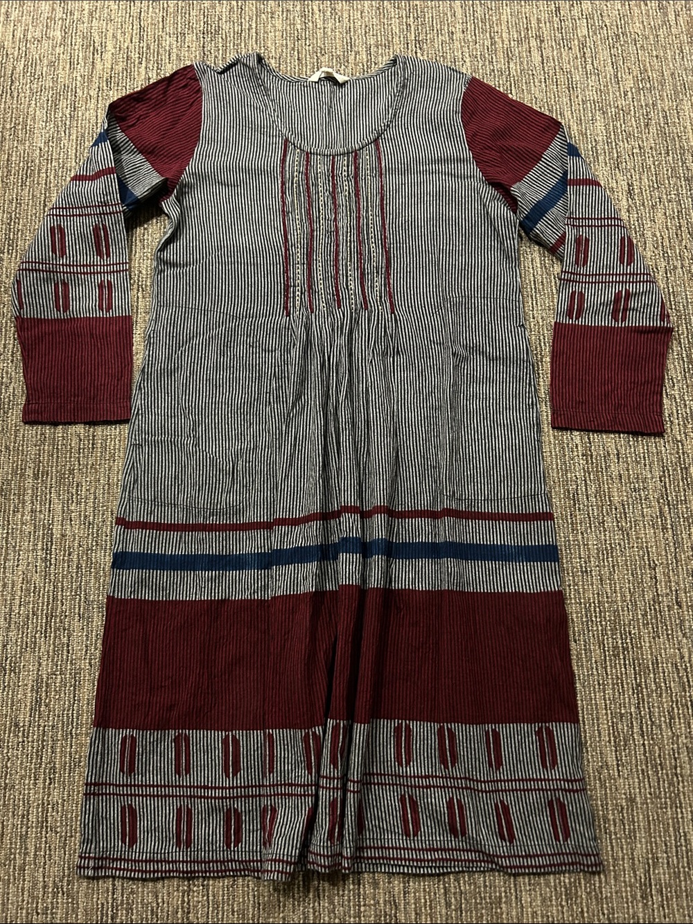 MARKETPLACE Striped Burgundy and Gray Long-Sleeve Kurta Women's Dress